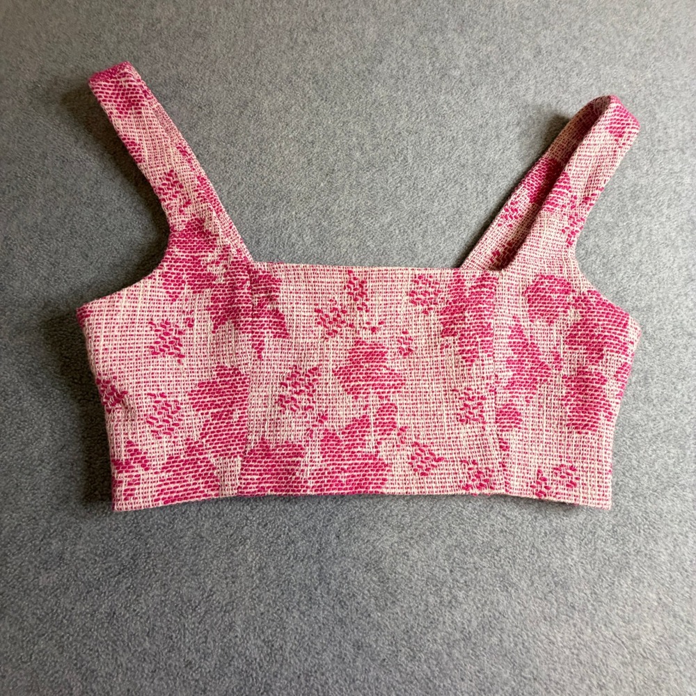 Marciano by Guess Pink Floral Tweed Crop Top Womens XS Square Neck